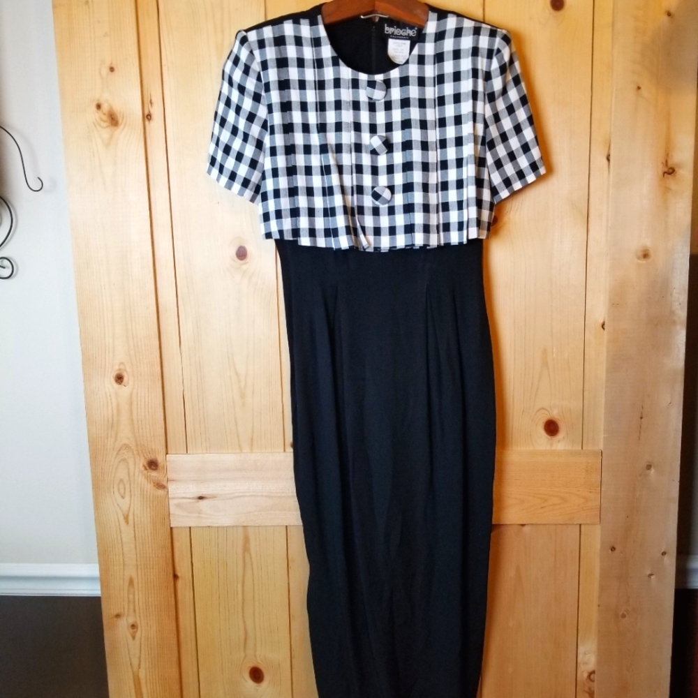 Vintage Brioche California 90s Houndstooth  Short Sleeve Midi Sheath Dress